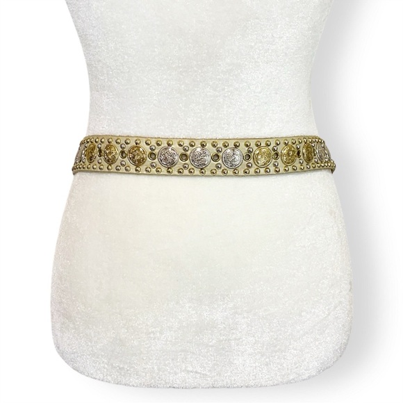 Vintage Sand Castle Leather Gold/Silver Tone Coin Motif Studded Belt - Picture 3 of 8